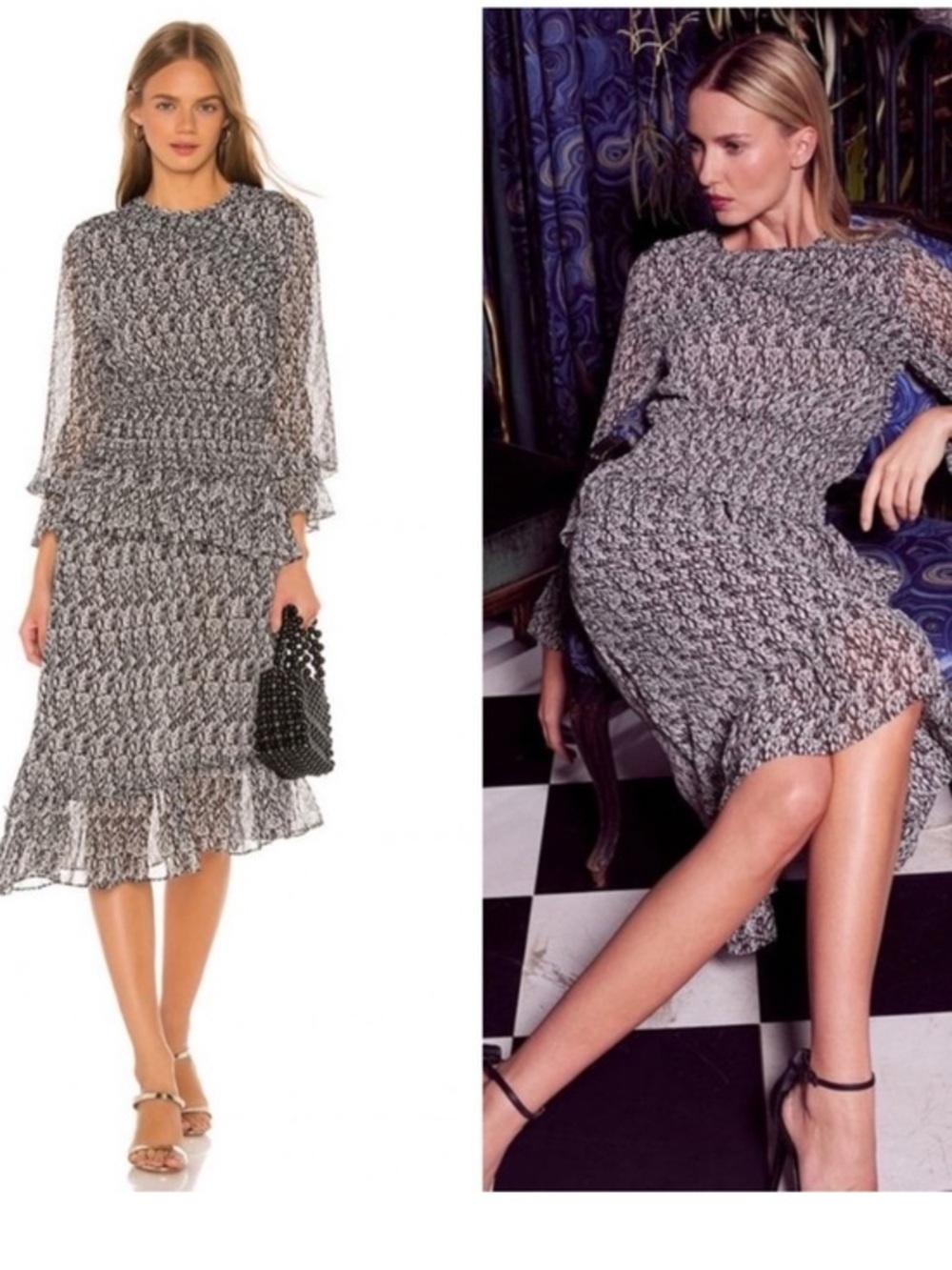 MISA Sophia Dress Smocked Long Sleeve Snack Print Midi Sz S Gray White